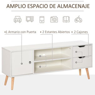 Mueble de TV 120x28x44cm con Armario Estantes Abiertos Cajones Carga 30kg Blanco