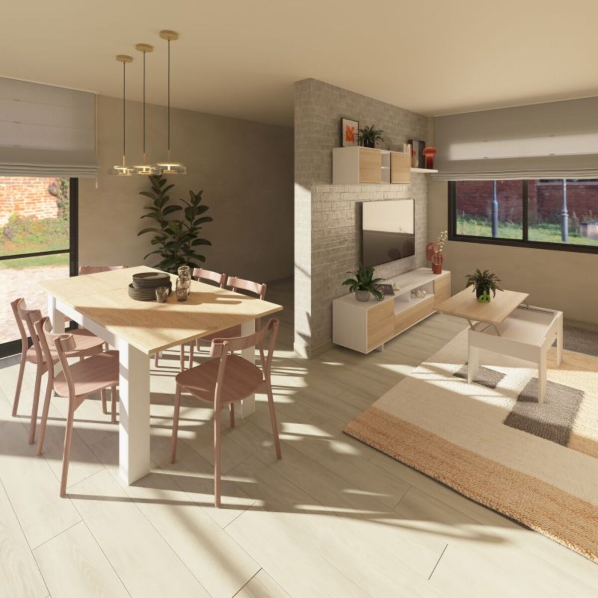 Pack salón con mesa de centro Kenzo Plus V2 Blanco Brillo - Roble Canadian