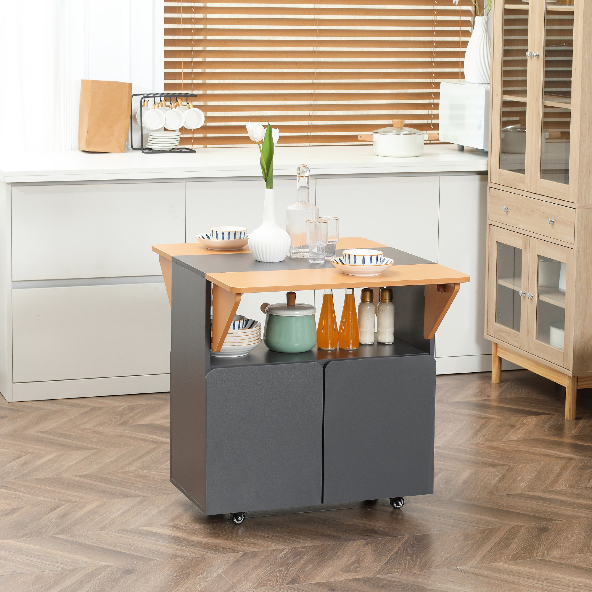 HOMCOM Tavolo Pieghevole Salvaspazio per 4 Persone max con 4 Ruote, Ripiano Nascosto e Armadietto con Ante, 70x83x75 cm