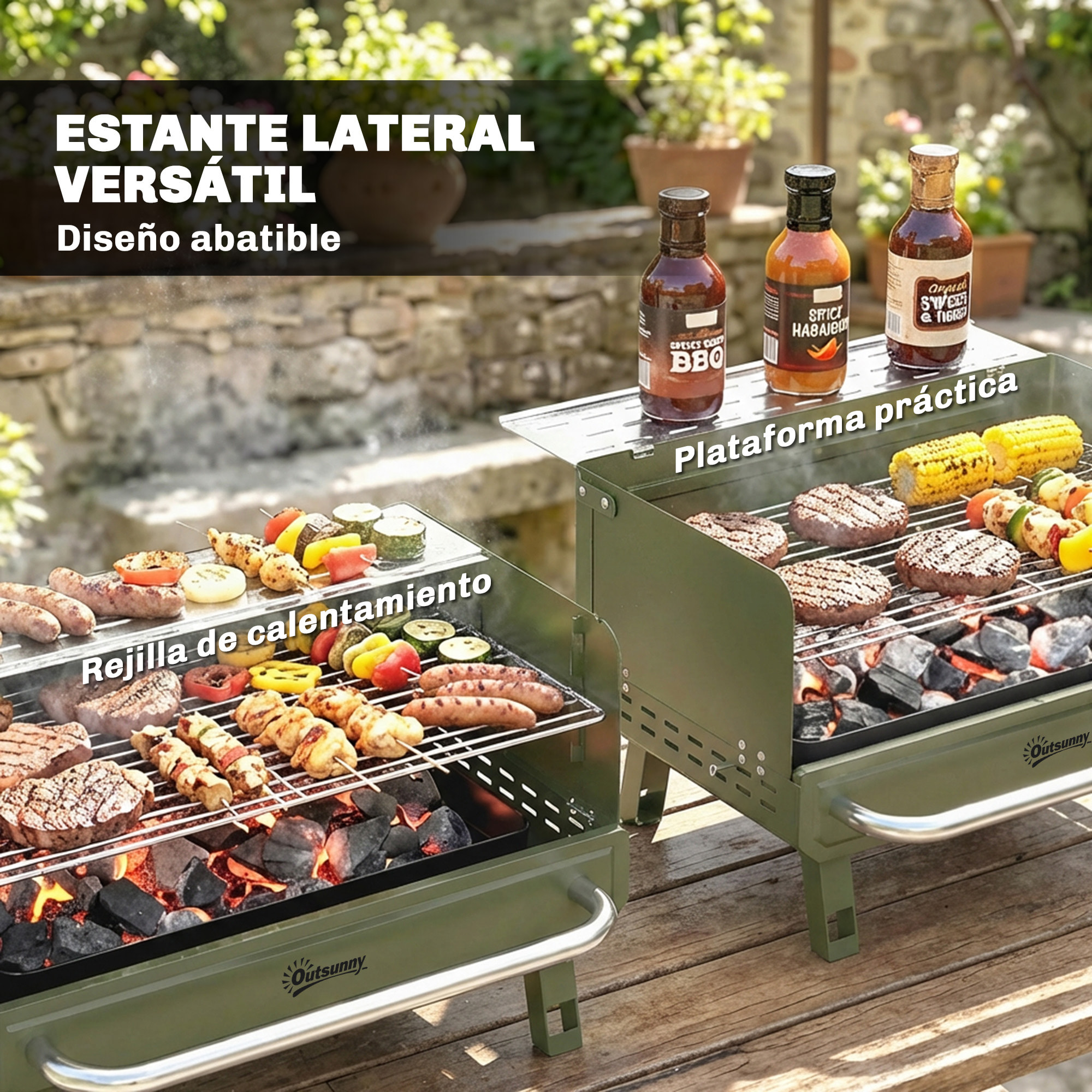 Barbacoa de Carbón Plegable, Barbacoa Portátil, 52x37x31,8 cm, con Rejilla Ajustable, Estante Lateral Plegable y Bandeja de Carbón Extraíble, para Camping, Picnic, Fiesta en Jardín, Verde