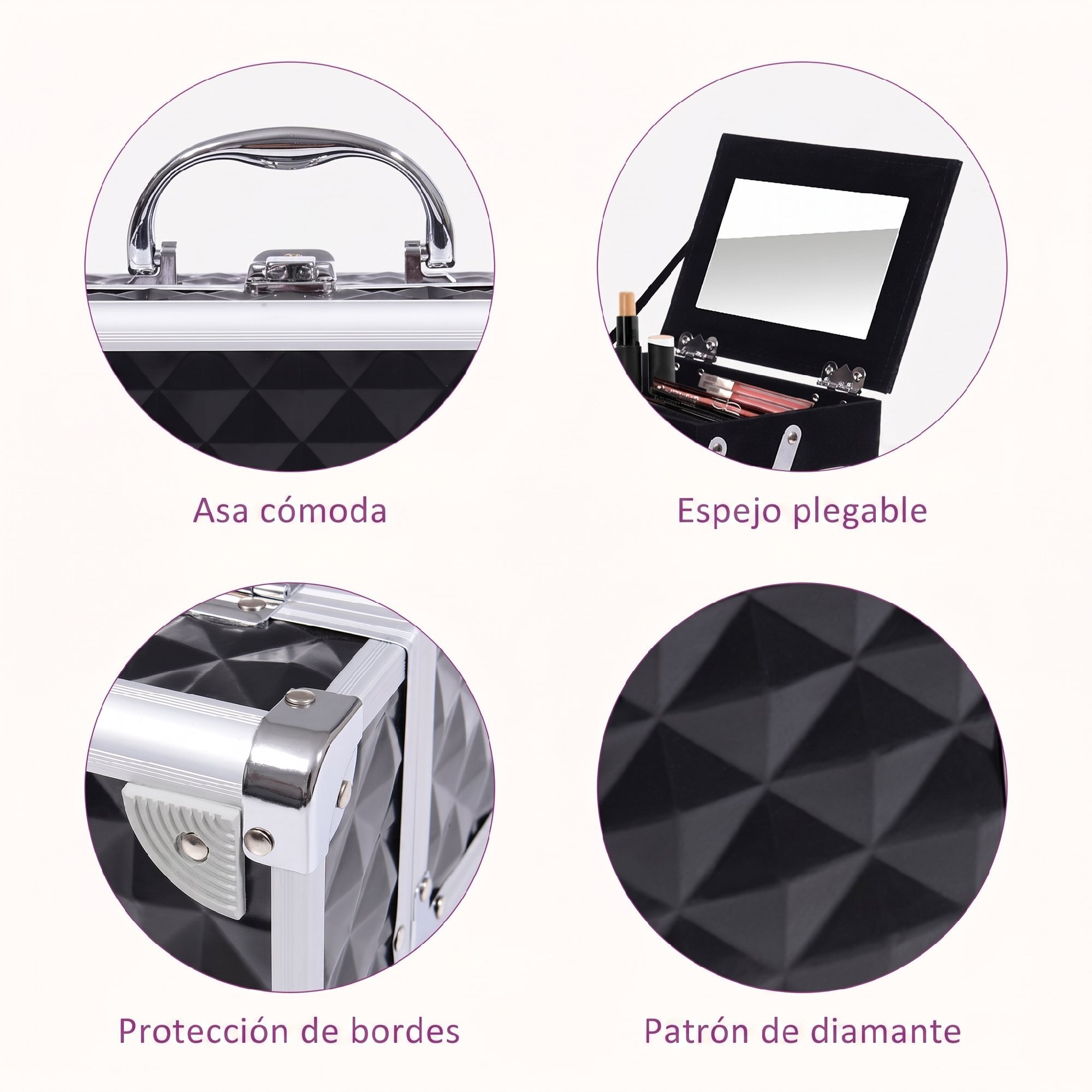Maletín de Maquillaje Organizador Cosméticos Profesional Estuche de Maquillaje Caja de Belleza Portátil Con Espejo Cerradura Varios Compartimientos 20x15x15cm Aluminio Negro