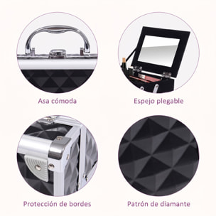 Maletín de Maquillaje Organizador Cosméticos Profesional Estuche de Maquillaje Caja de Belleza Portátil Con Espejo Cerradura Varios Compartimientos 20x15x15cm Aluminio Negro