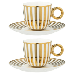 J-Line tasse + sous-tasse Lignés - porcelaine - blanc/or - large - boîte de 2