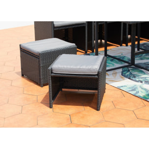 Table et chaises 8 places encastrables en résine noir-gris REGINA