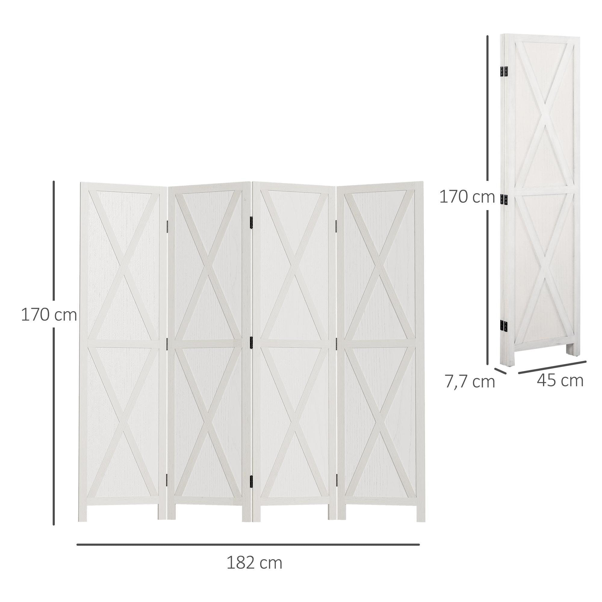 Biombo de 4 Paneles Separador de Ambientes Plegable 182x170 cm Divisor de Habitación de Madera Decoración Elegante para Dormitorio Salón Blanco