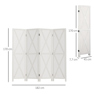 Biombo de 4 Paneles Separador de Ambientes Plegable 182x170 cm Divisor de Habitación de Madera Decoración Elegante para Dormitorio Salón Blanco