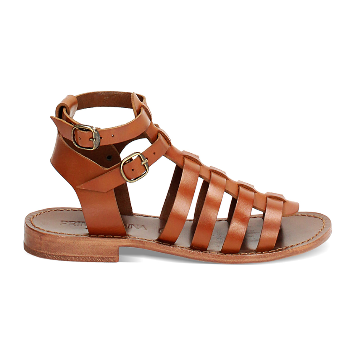 Sandales basses cognac en vache avec bracelet