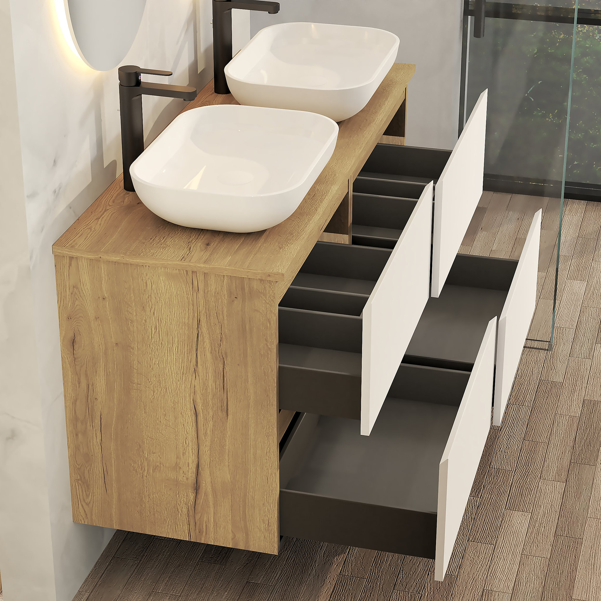 Conjunto de Baño Nia | Mueble Suspendido | 120 cm Blanco | Cuatro Cajones | Lavabo Sobrepuesto | No incluye Espejo | Mueble Montado| Alday