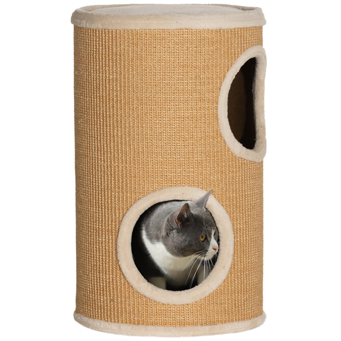 Arbre à chat cylindrique - tour à griffer pour chat - tonneau griffoir - 2 niches + plateforme - sisal peluche beige