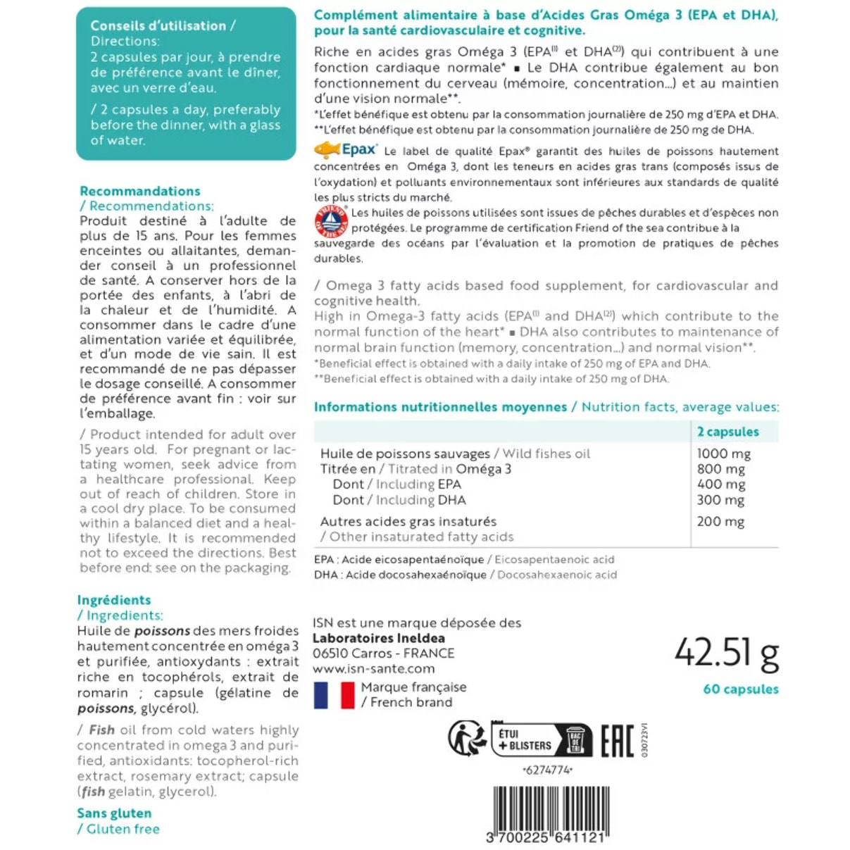 ISN - Ineldea Santé Naturelle Omegabiol - Complément alimentaire à base d'oméga 3 - Riche en EPA & DHA - Maintien de l'équilibre cardiovasculaire et fonctions cognitives - Sans Gluten - Cure 30 jours