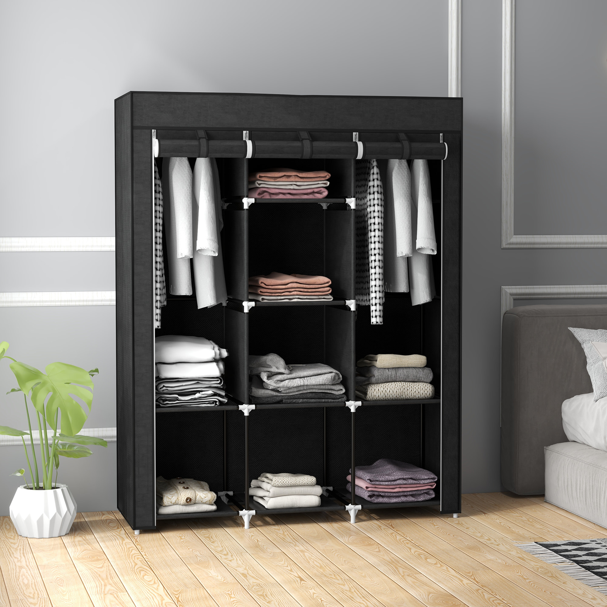 Armoire penderie multi-rangement - 8 étagères, 2 barres - dim. 125L x 43l x 162,5H cm - acier noir non tissé noir