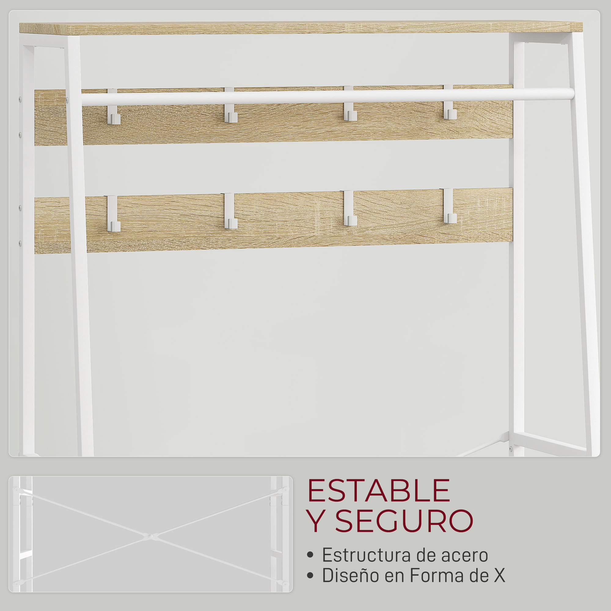 Perchero Zapatero Perchero Entrada Recibidor con Zapatero 8 Ganchos 2 Cajones de Tela Barra Estante de Malla Estilo Industrial para Pasillo Dormitorio Salón 80x30x180,5 cm Natural