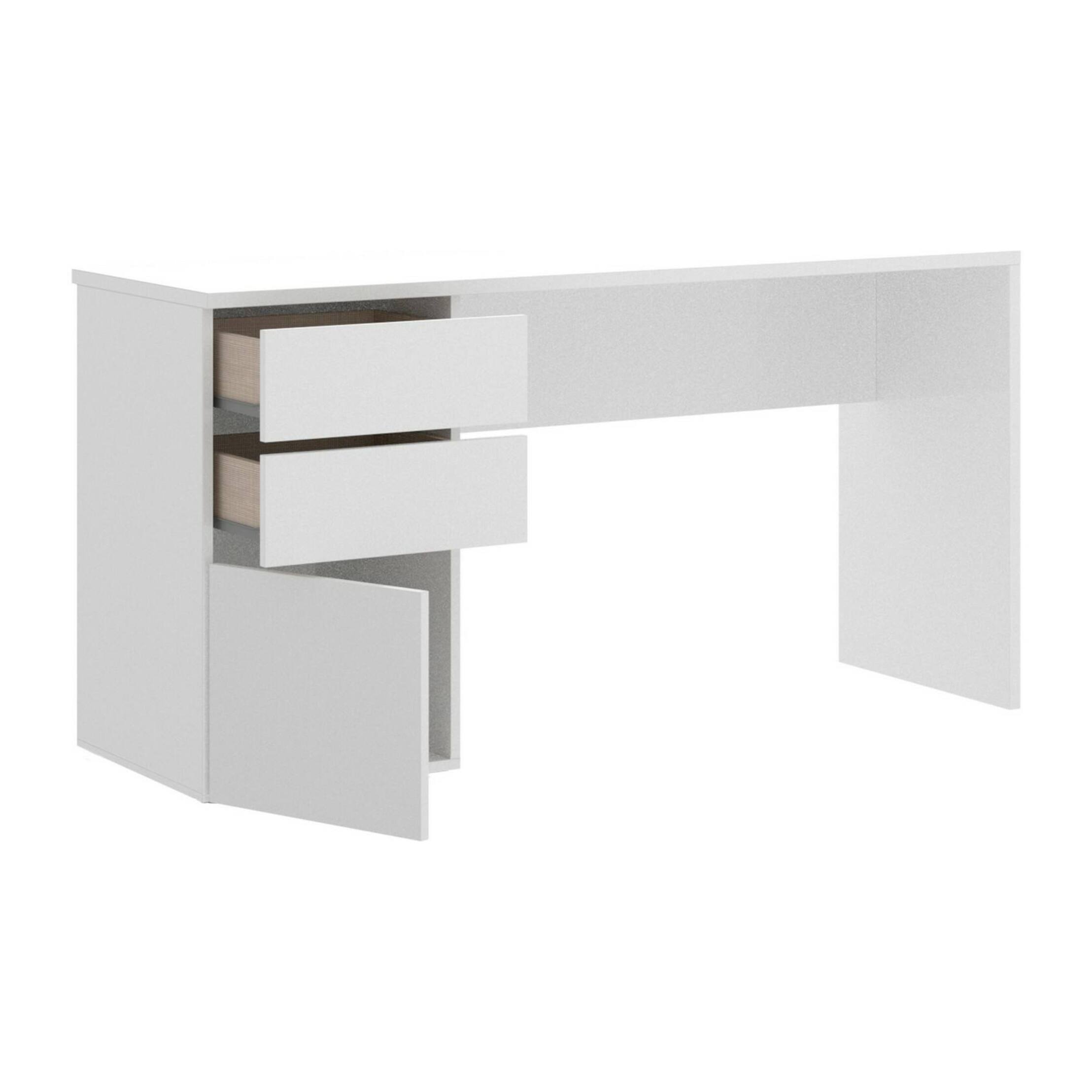 Scrivania Ardina, Scrittoio multiuso da ufficio o cameretta, Tavolo da studio lineare con 2 cassetti e 1 anta, 139x60h75 cm, Bianco lucido