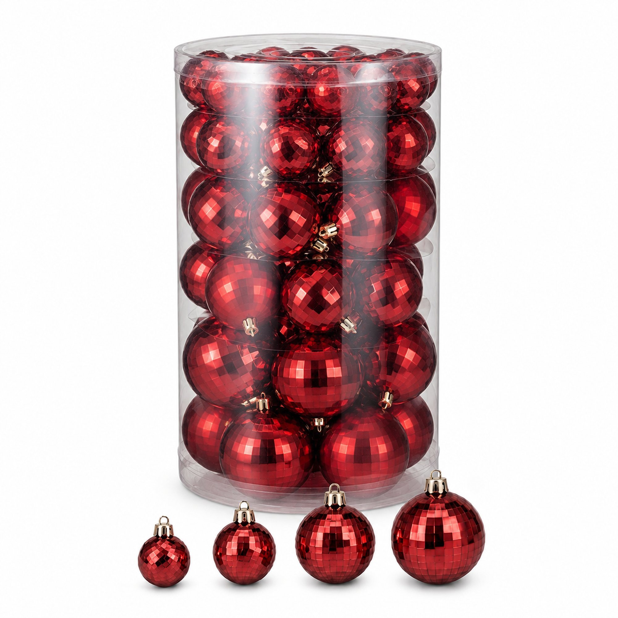 Set de 64 bolas de navidad rojas en 4 tamaños (22x ø4, 14x ø5, 18x ø6 y 10x ø8 cm) en acabado brillante