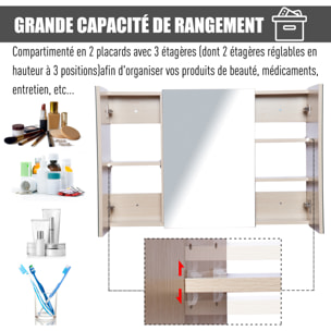 Armoire murale miroir salle de bain 3 portes 3 étagères dim. 90L x 14l x 60H cm panneaux particules chêne clair