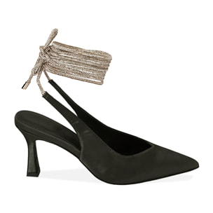 Décolleté slingback nere in raso, tacco 7,5 cm