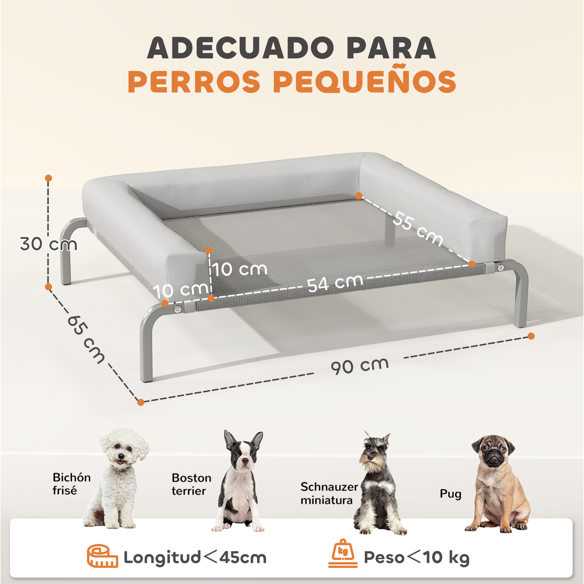 Cama Elevada para Perros Refrescante con Refuerzos Extraíbles Cama Elevada para Perros Pequeños Portátil con Malla Transpirable Marco de Acero para Interior Exterior 90x65x30 cm Gris Claro