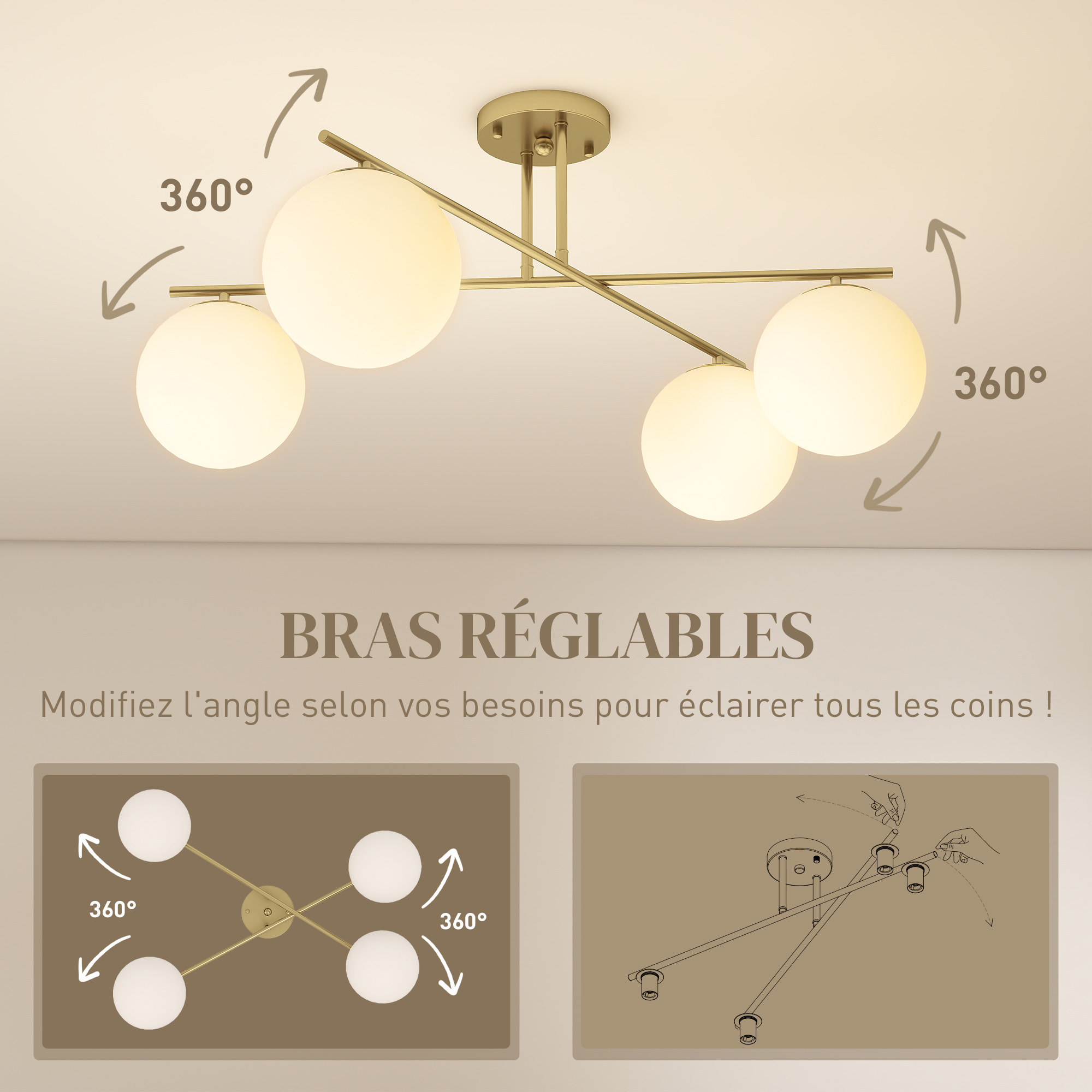Plafonnier design doré dia. 75 cm 4 lampes boules verre dépoli blanc métal