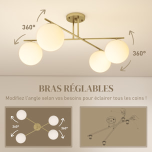 Plafonnier design doré dia. 75 cm 4 lampes boules verre dépoli blanc métal