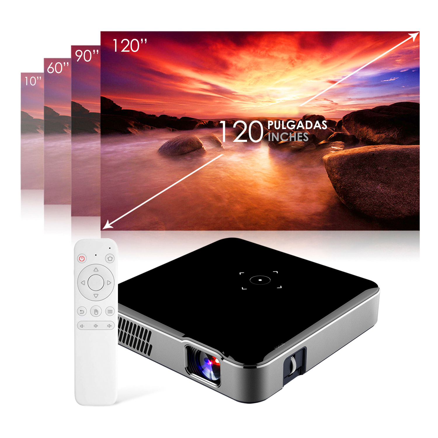 DAM Mini video proyector LED portátil S280, DLP. HD 720P. Android 9.0, WiFi, panel táctil. Batería recargable. Duplicación pantalla. Netflix, Youtube, etc. 12,8x12,8x3,4 Cm. Color: Blanco