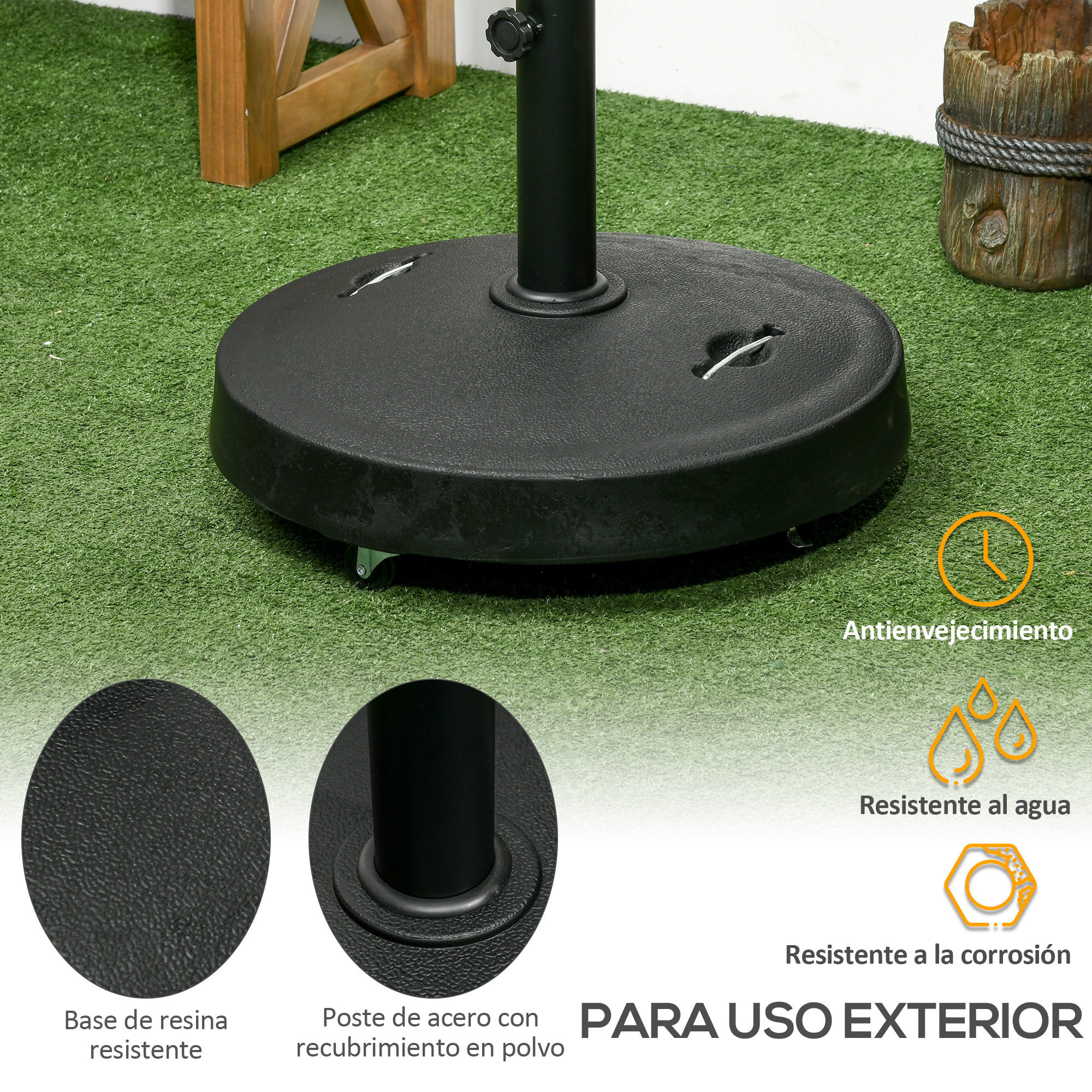 Base de Sombrilla de Jardín de Resina de 25 kg con Ruedas y Asa Retráctil Soporte de Parasol Cuadrado para Postes de Ø38/48 mm para Terraza Patio Ø53x41 cm Negro