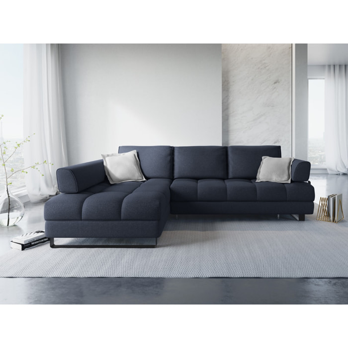 Canapé d'angle gauche convertible avec coffre de rangement "Clinton" 5 places en tissu structurel bleu foncé
