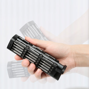 Destornillador de precisión 46 en 1 con cuerpo metálico, rosca giratoria, puntas magnéticas y carcasa de aleación de aluminio con apertura por presión.