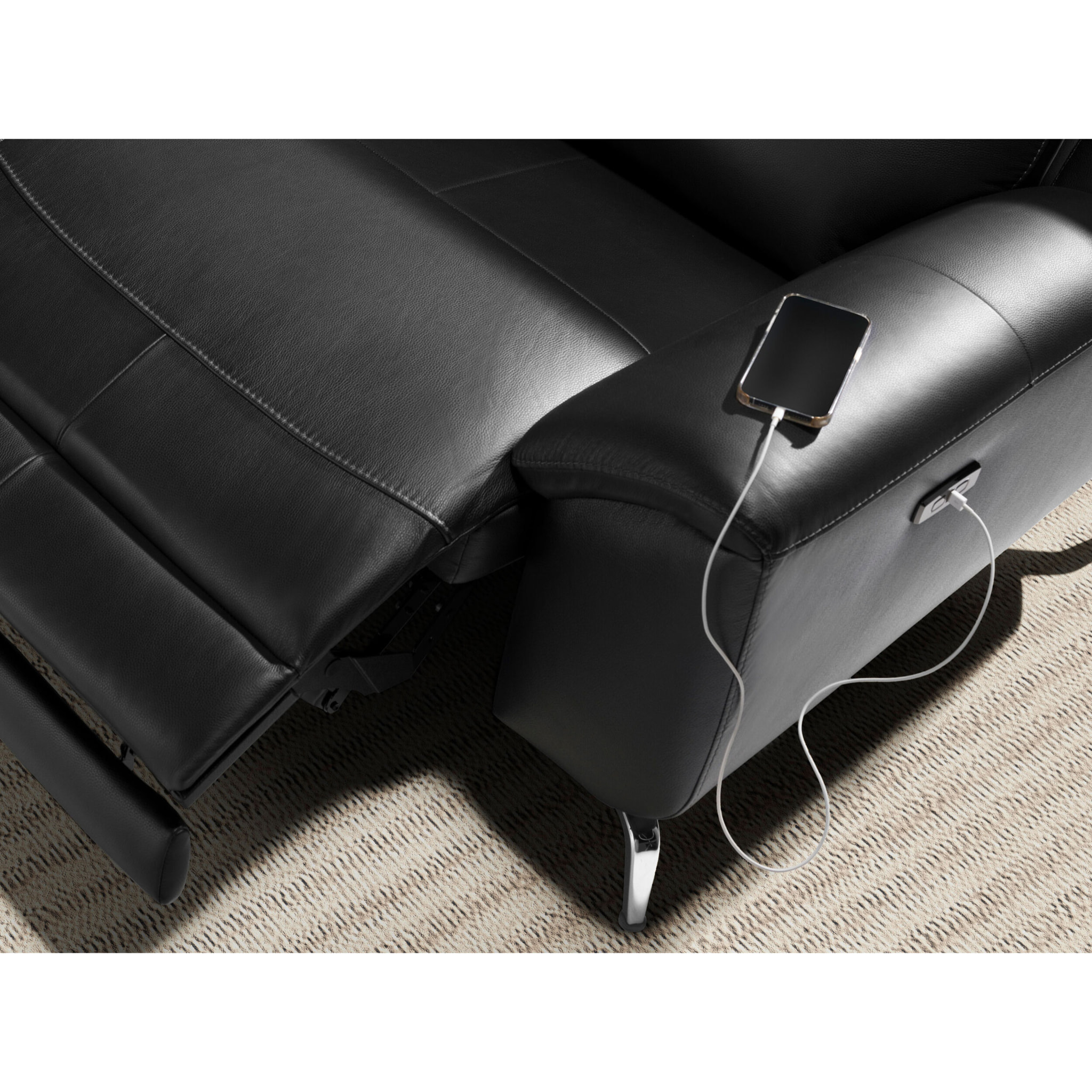 Sofá relax de 2 plazas tapizado en piel de origen vacuno en negro patas de acero inoxidable cromado 2 sistemas de relax eléctrico 192x93x92cm