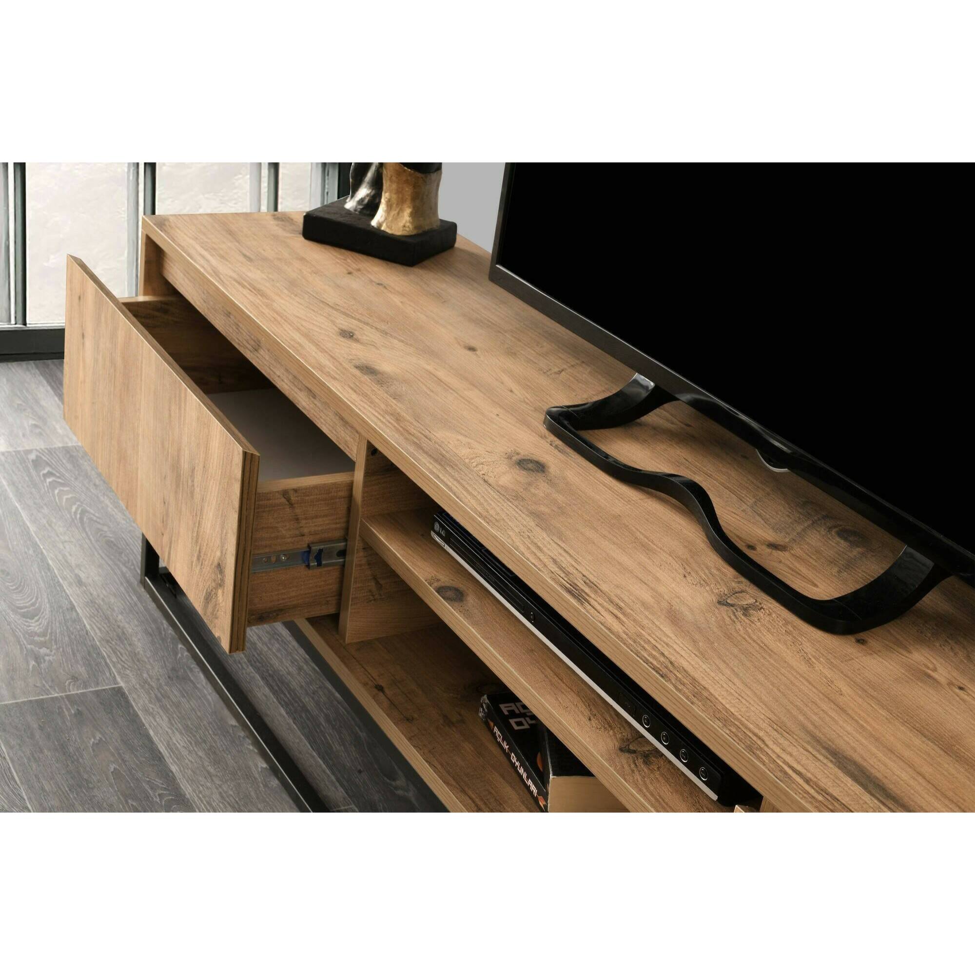 Mobile porta TV Dpirol, Credenza da soggiorno, Armadio basso per TV, Base parete attrezzata, 180x40h50 cm, Nero e Quercia