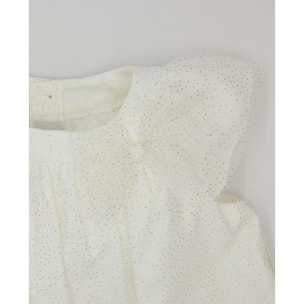 Vestido de tul con glitter. Cuello fruncido y lazo.