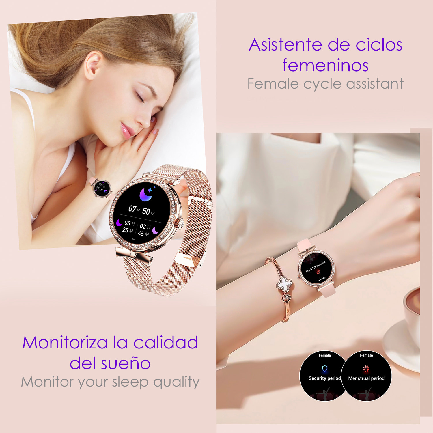 DAM Smartwatch QS01 compacto y elegante. Llamadas BT, notificaciones push. Monitor de salud, ciclos femeninos. Modos deportivos. 4,8x1,2x4,3 Cm. Color: Blanco