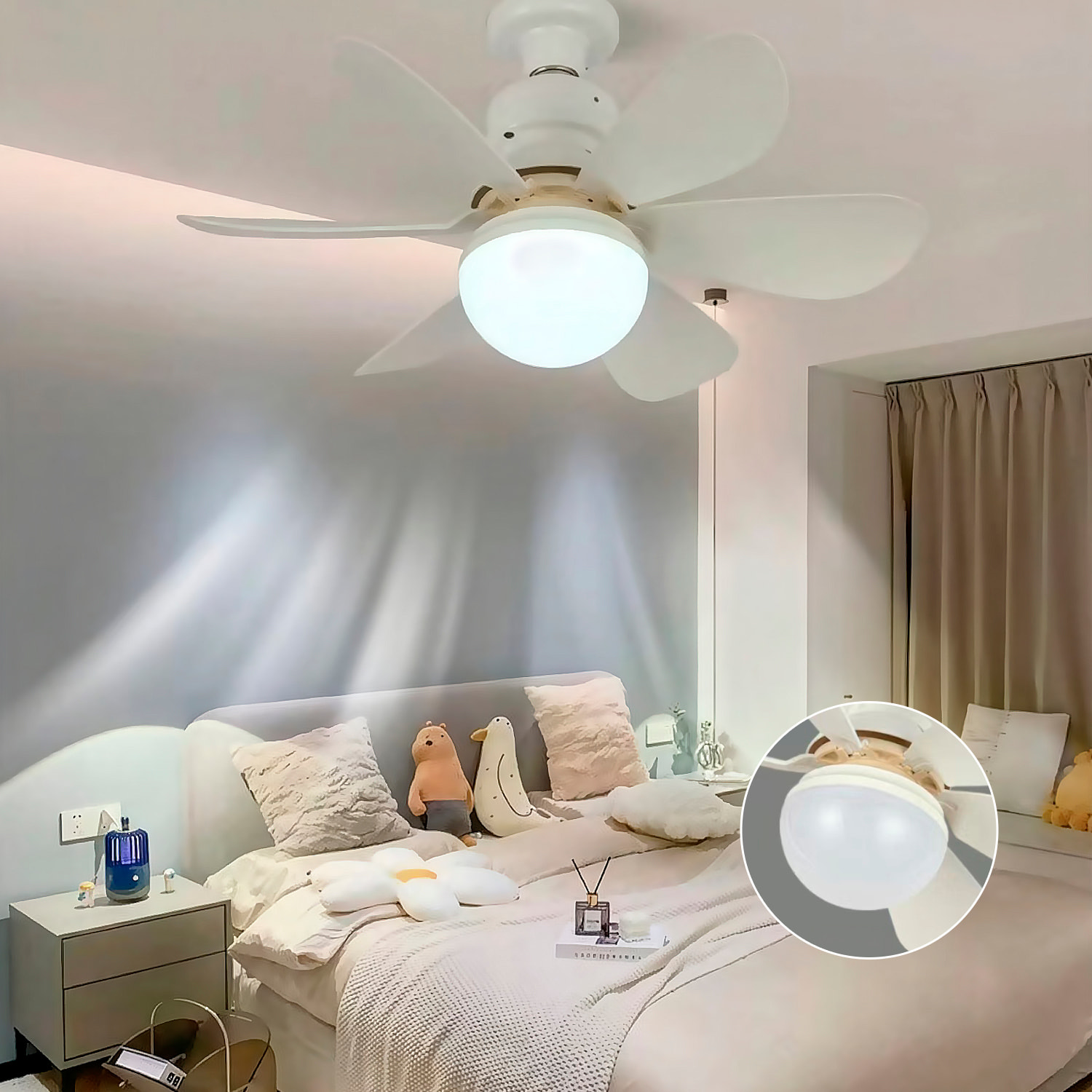 Ventilador de techo FS-HX-R520 de 52 cm. Adaptador E27, 3 velocidades y luz LED regulable de 16 W. Incluye mando a distancia.