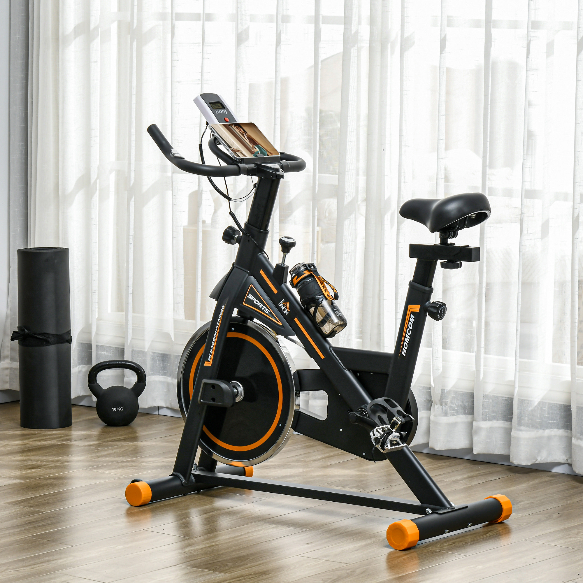 Vélo d'appartement réglable - vélo biking cardio - volant d'inertie 8 Kg, écran LCD, support Ipad, gourde - acier orange noir