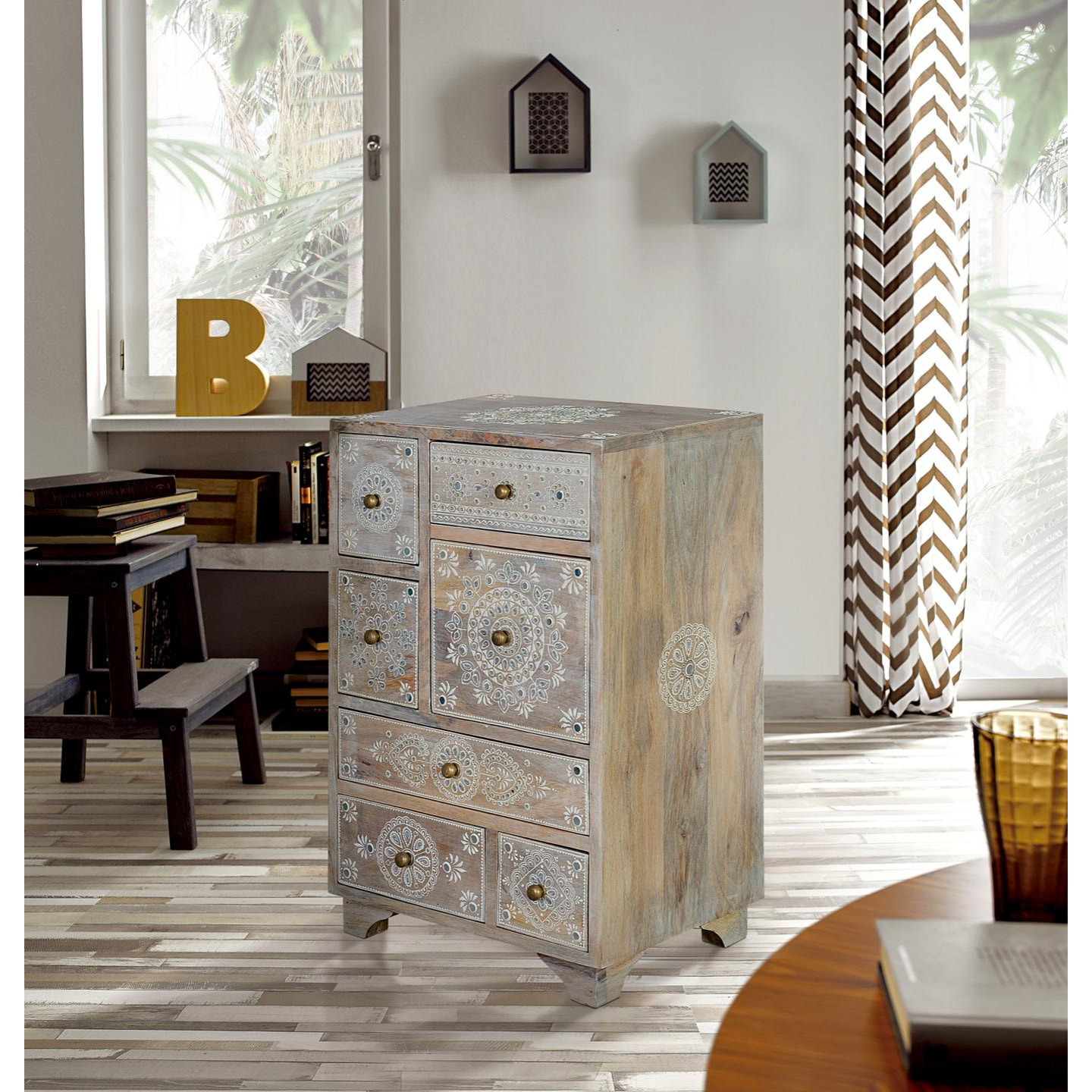 Muebles Auxiliare de Madera de Mango 42 Cm Estilo Étnico Boho Tallado