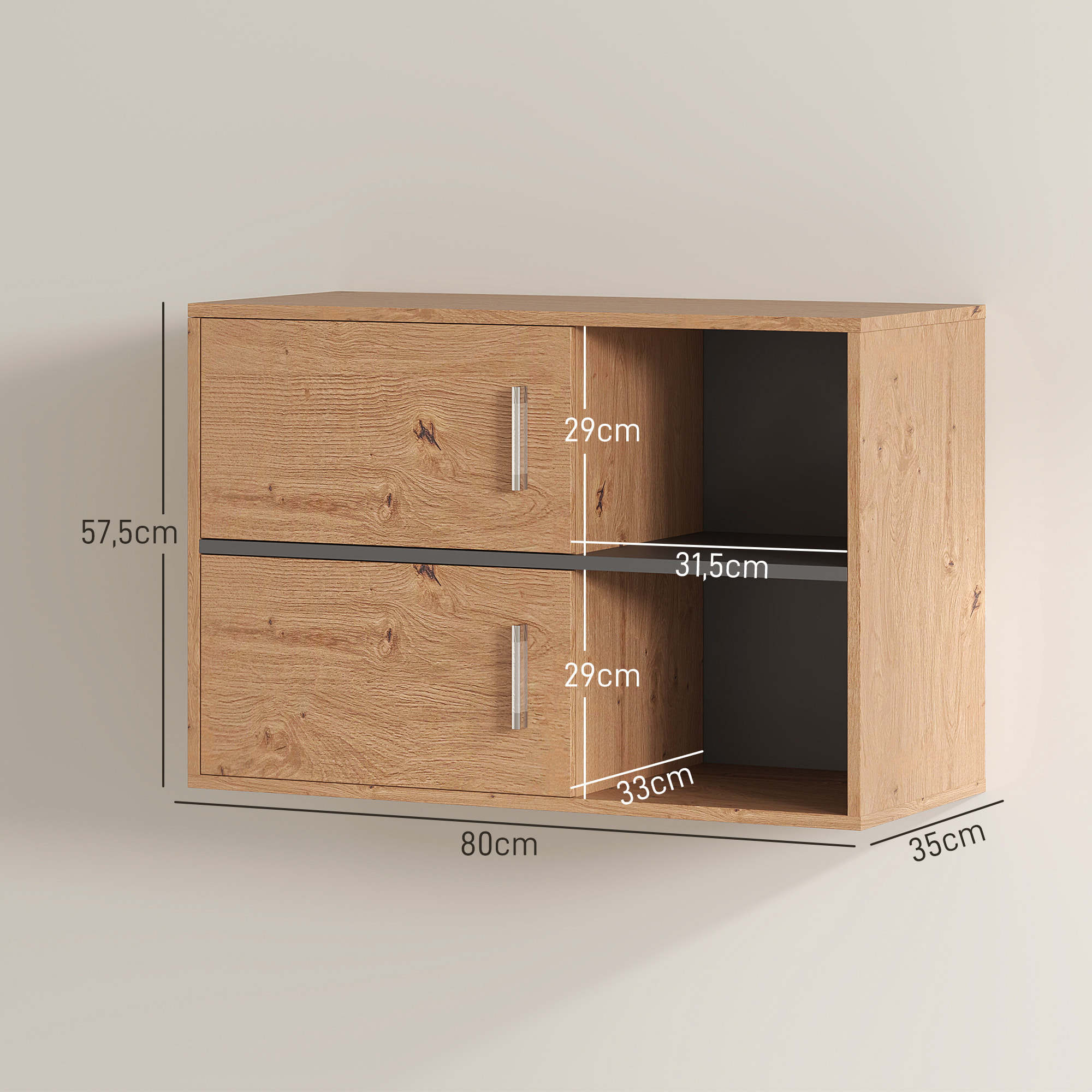 Mueble Auxiliar de Baño Armario de Baño de Pared con Compartimentos Abiertos y 2 Puertas Mueble de Baño Moderno para Cocina Entrada 80x35x57,5 cm Natural