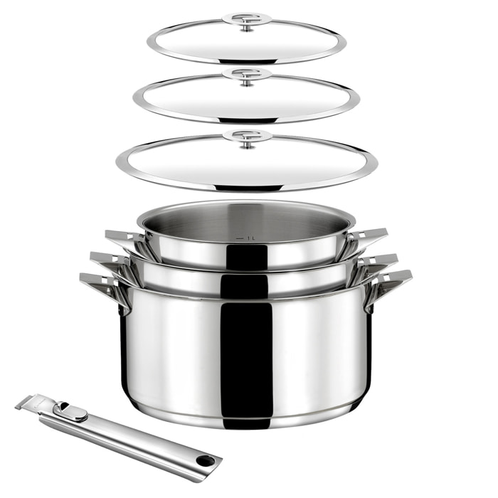 Eclipse - Lot 7 pièces - Casseroles 16, 18 et 20 cm, 3 couvercles et poignée amovible