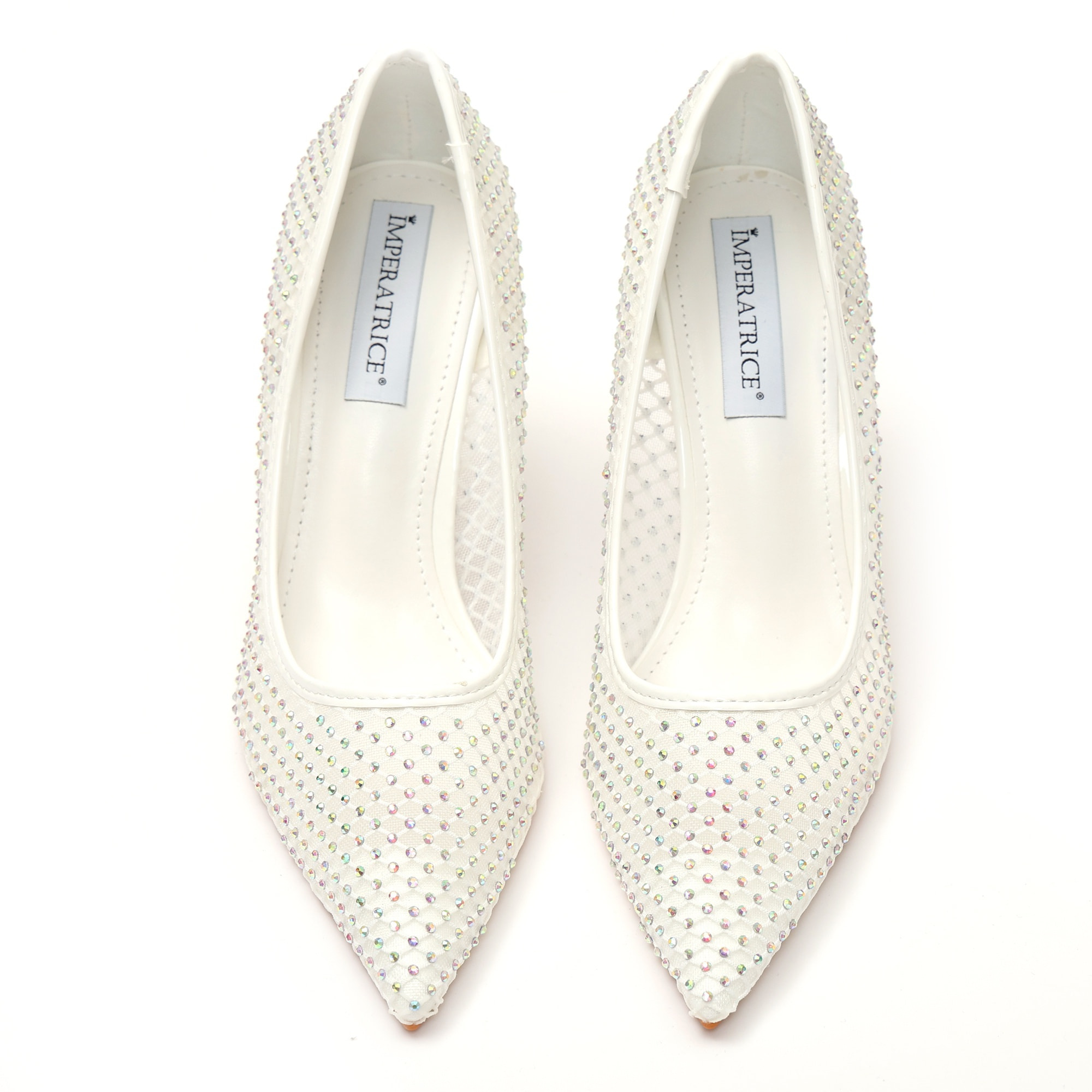 Dècolletè pumps in simil pelle con tomaia bucherellata ricoperta di strass