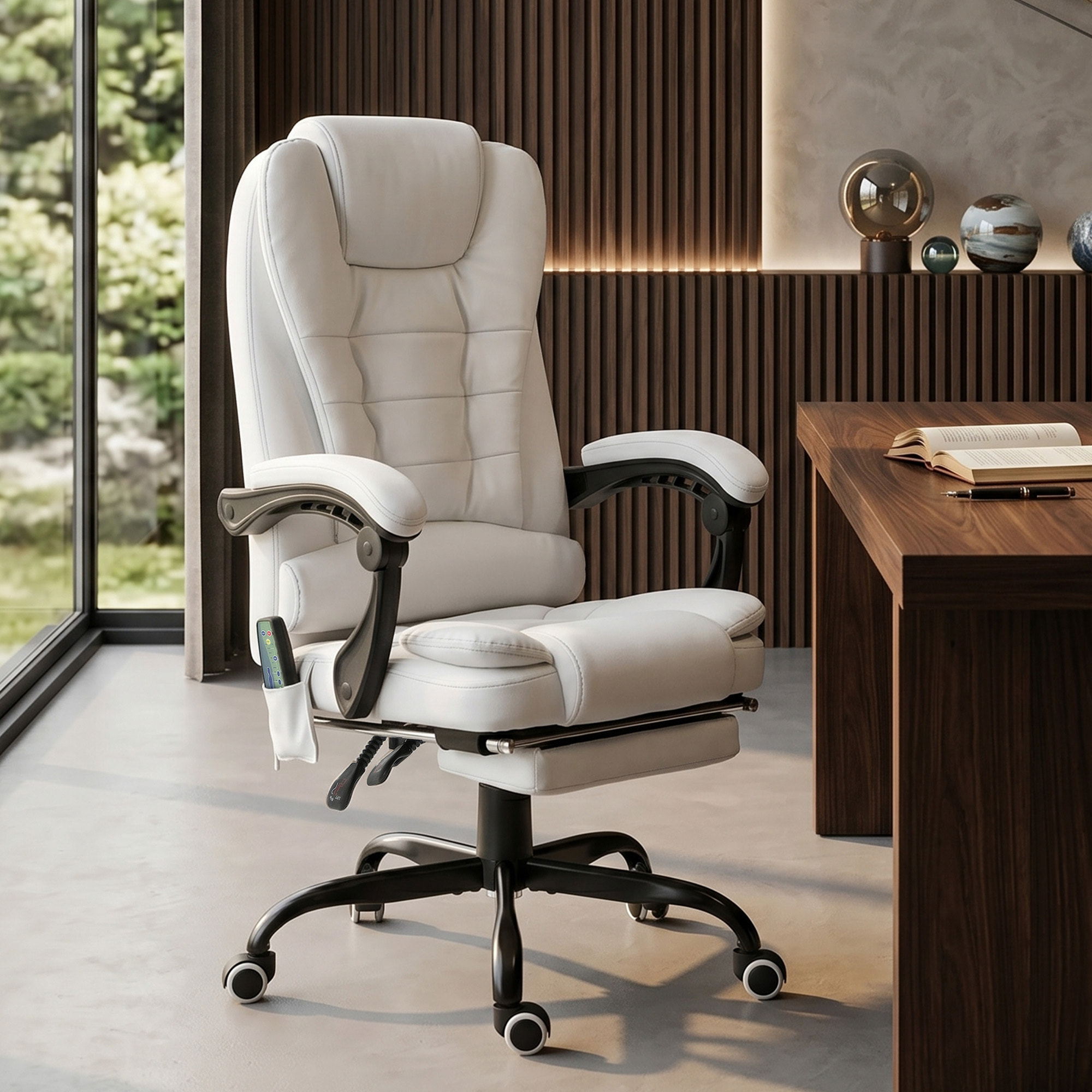 Silla de Oficina con Masaje Vibratorio de 7 Puntos, Silla de Escritorio Giratoria Reclinable con Reposapiés Retráctil, Altura Ajustable, Respaldo Alto, Control Remoto y Tejido de PU, Blanco