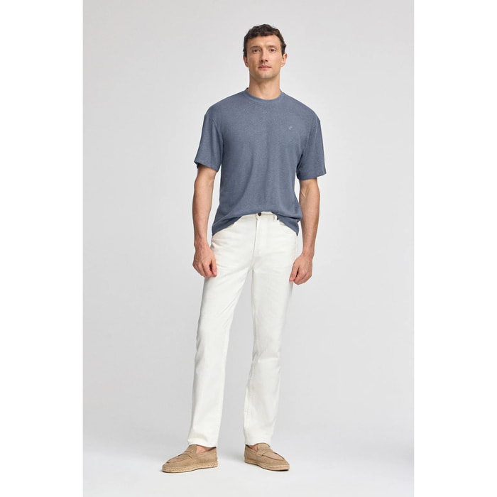 Maglietta blu denim in lino e cotone a girocollo e con monogramma ricamato