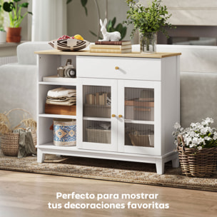 Aparador 2 Puertas de Vidrio Aparador para Salón Moderno con Cajón Compartimentos Abiertos y Estantes Ajustables para Comedor Entrada Blanco 100x35x80,3 cm