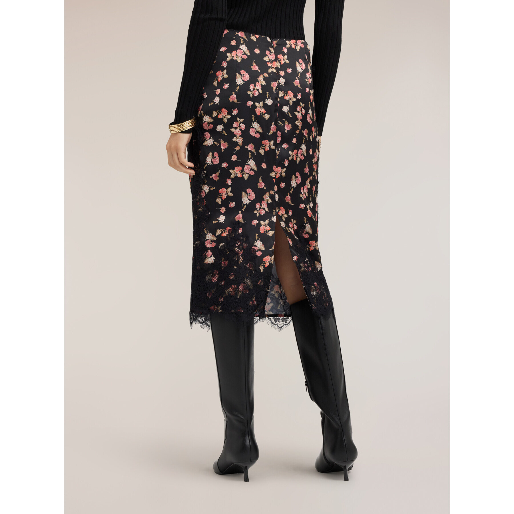 Motivi - Falda tubo de georgette con estampado floral y encaje - Negro