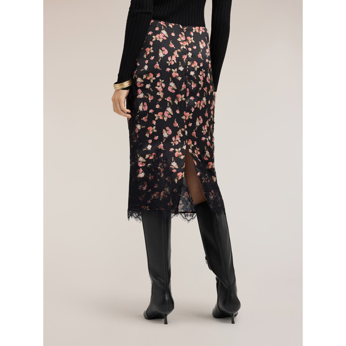 Motivi - Falda tubo de georgette con estampado floral y encaje - Negro
