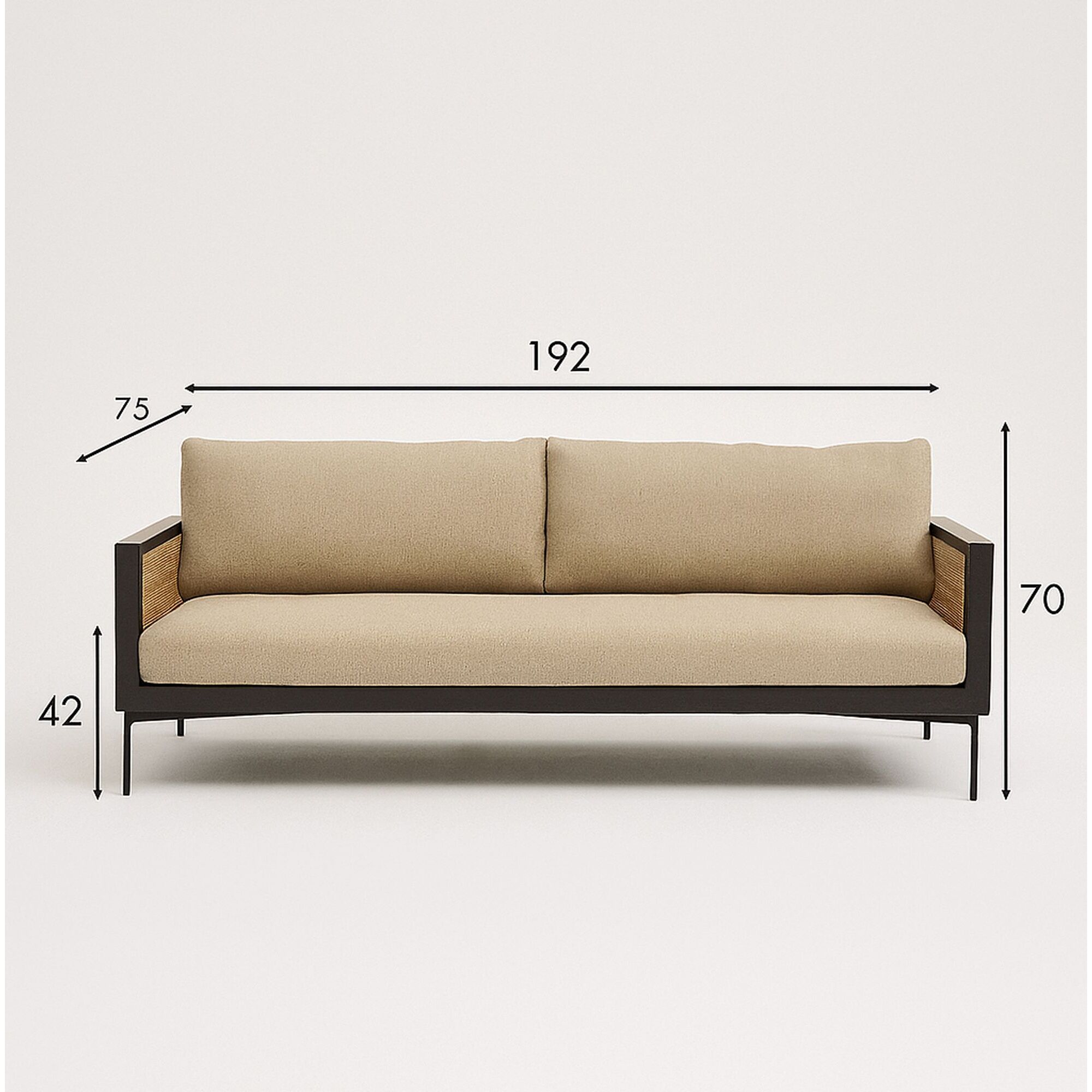 Canapé 3 places en tissu taupe structure en rotin et bois  TONKIN