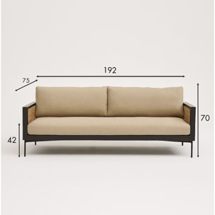 Canapé 3 places en tissu taupe structure en rotin et bois  TONKIN
