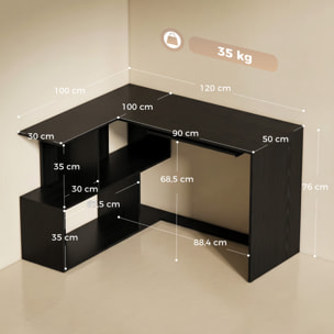 Bureau informatique - bureau d'angle 120 x 100 cm - tablette coulissante clavier, 4 niches - effet bois noir