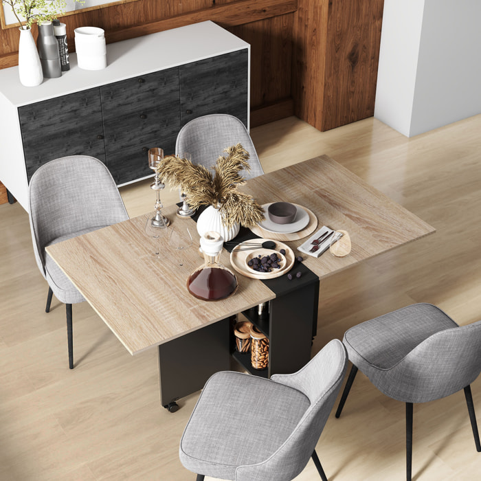 Mesa Plegable de Comedor Mesa de Cocina Plegable con Ruedas Alas Abatibles y Estantes Mesa Plegable para 4-6 Personas 75x140x74 cm Natural y Negro