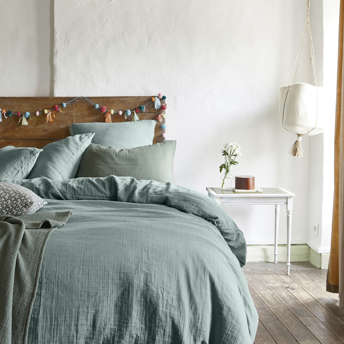 Housse de couette unie en gaze de coton lavée, TENDRESSE, Bleu Céladon