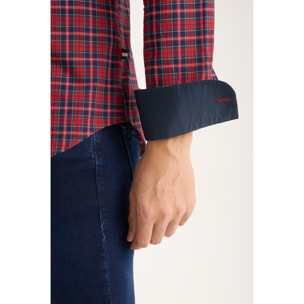 camicia uomo 1 bottone button down slim Popeline Quadro Piccolo Rosso/Blu