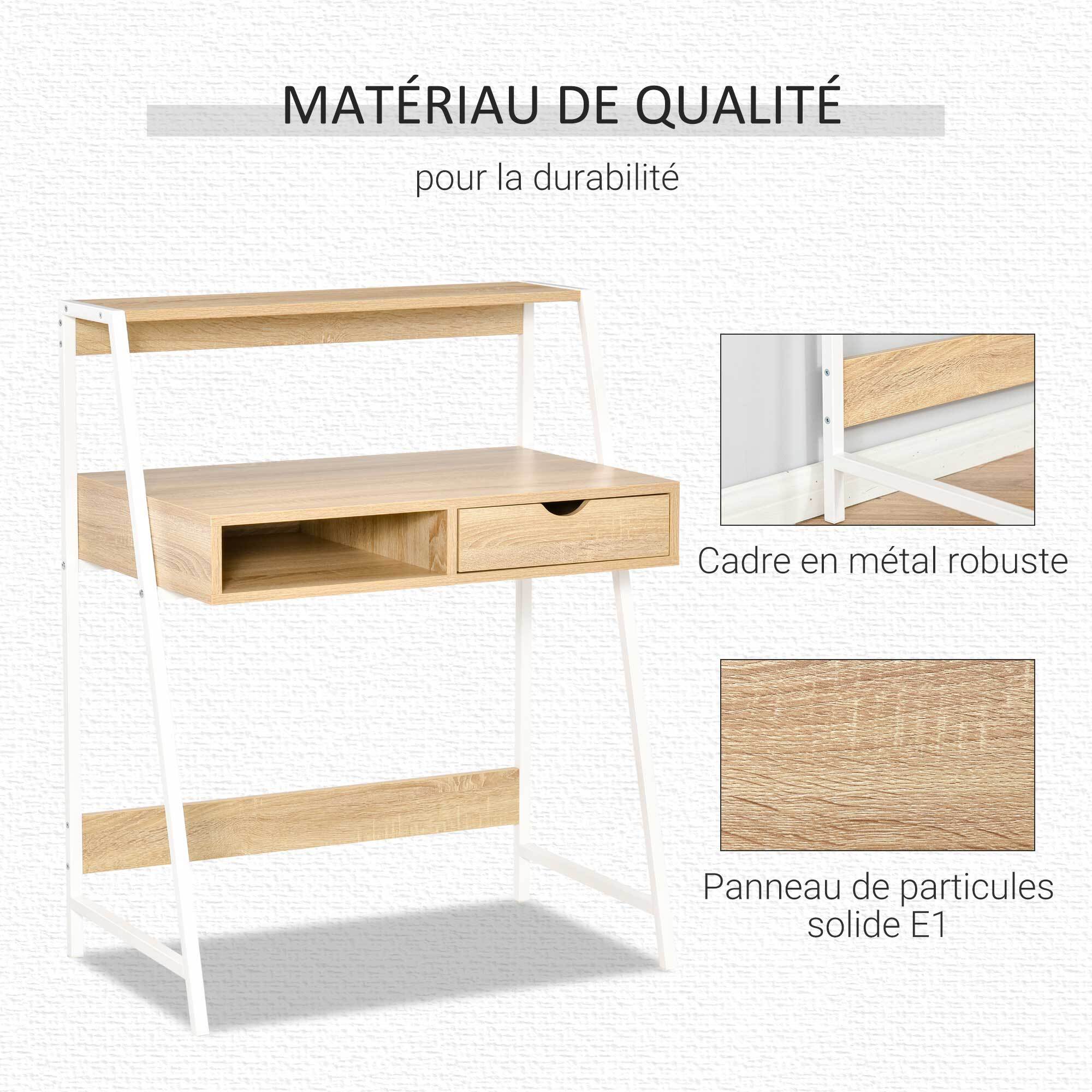 Bureau secrétaire bureau informatique style néo-rétro tiroir niche étagère métal blanc aspect chêne clair