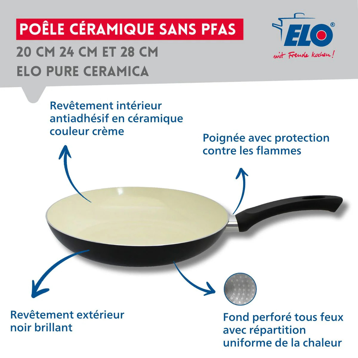 Set de 3 Poêles 20, 24 et 28 cm céramique sans PFAS et 3 couvercles Pure Ceramica Elo